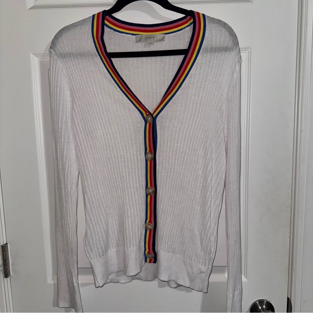 Loft Womens XL‎ White Ribbed Knit Rainbow Stripe Trim V-Neck Cardigan Sweater